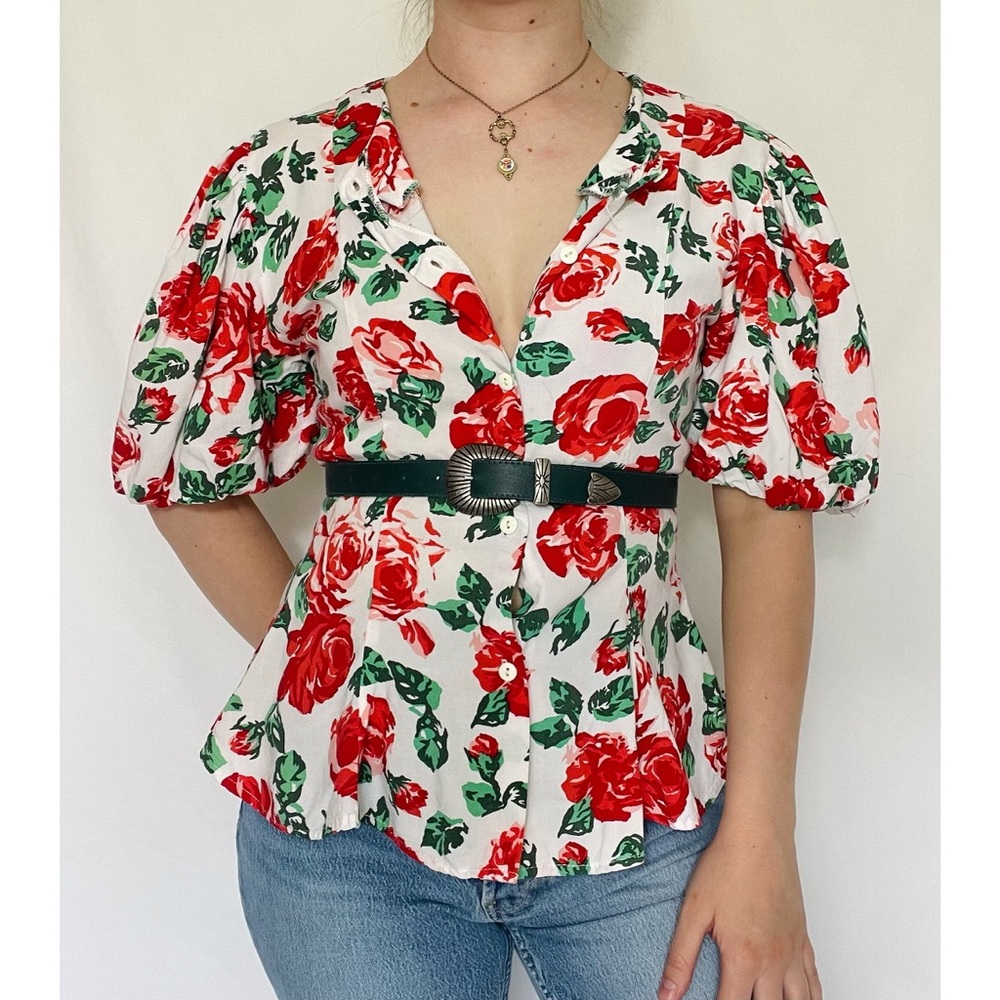 Caribe California | Vtg 80s Floral Puffy-Sleeve Fit & Flare Button Up